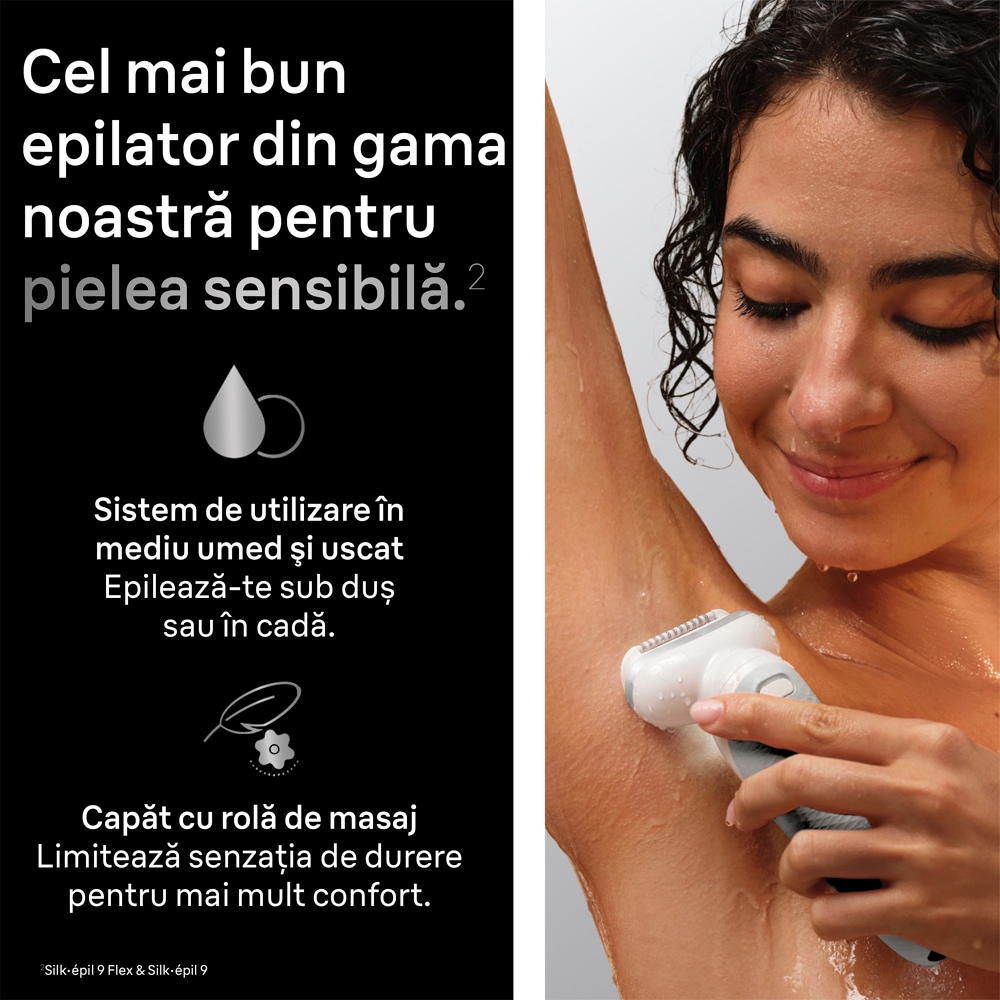 Epilator BRAUN Silk-epil 9 SES9-030, 40 pensete, 2 viteze, 3 accesorii, SmartLight, Smart Touch, MicroGrip, Wet&Dry, acumulator, alb-gri