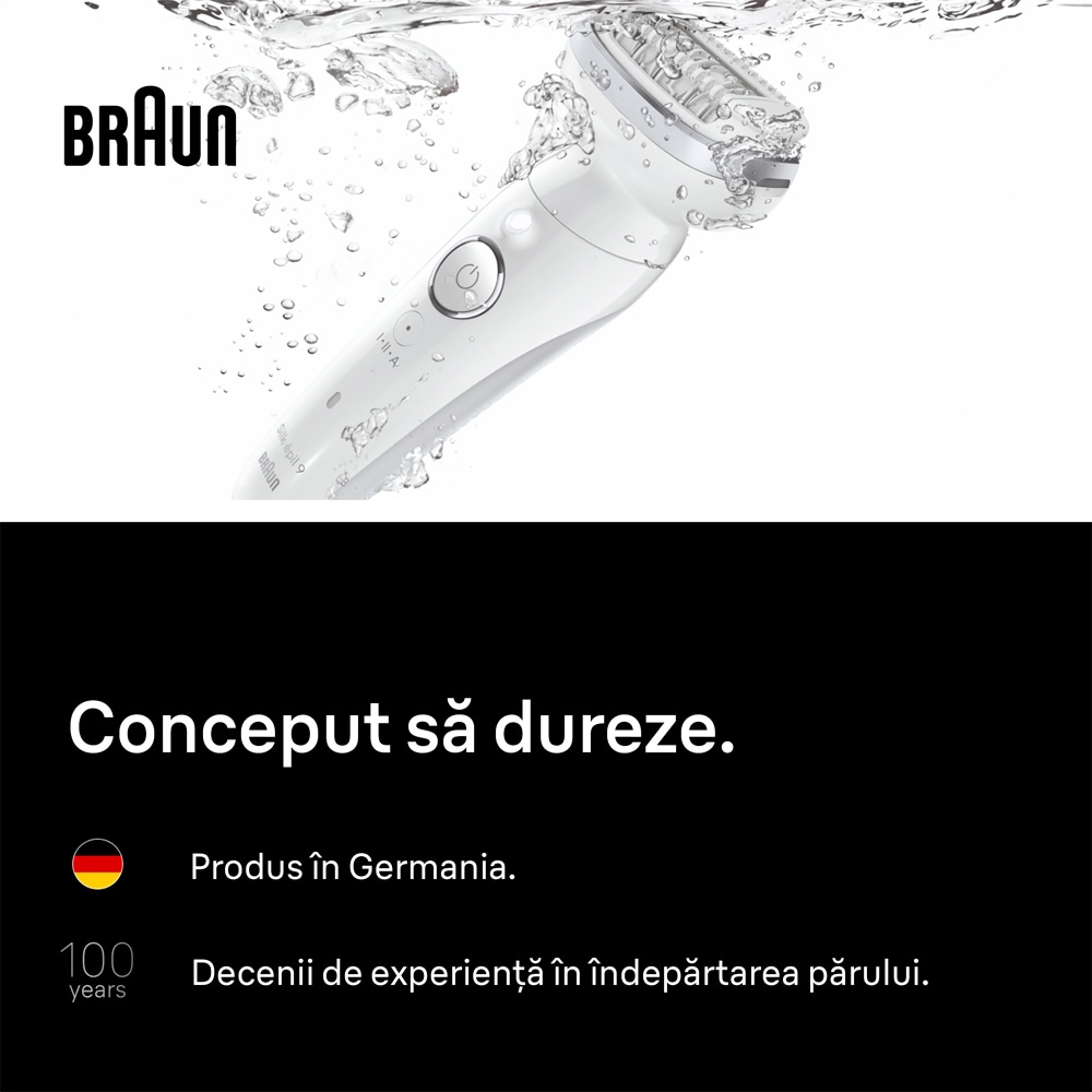 Epilator BRAUN Silk-epil 9 SES9-030, 40 pensete, 2 viteze, 3 accesorii, SmartLight, Smart Touch, MicroGrip, Wet&Dry, acumulator, alb-gri