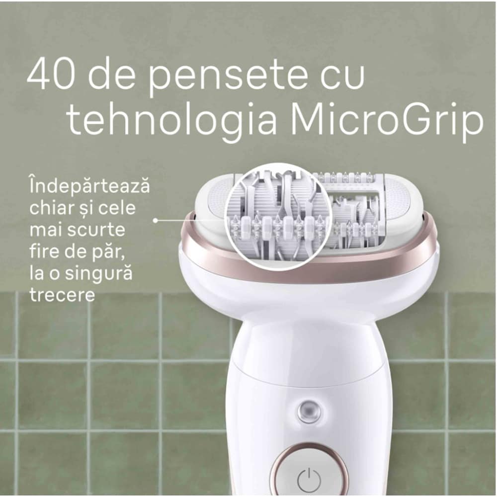 Epilator BRAUN Silk-epil 9 SES9-030, 40 pensete, 2 viteze, 3 accesorii, SmartLight, Smart Touch, MicroGrip, Wet&Dry, acumulator, alb-rose gold