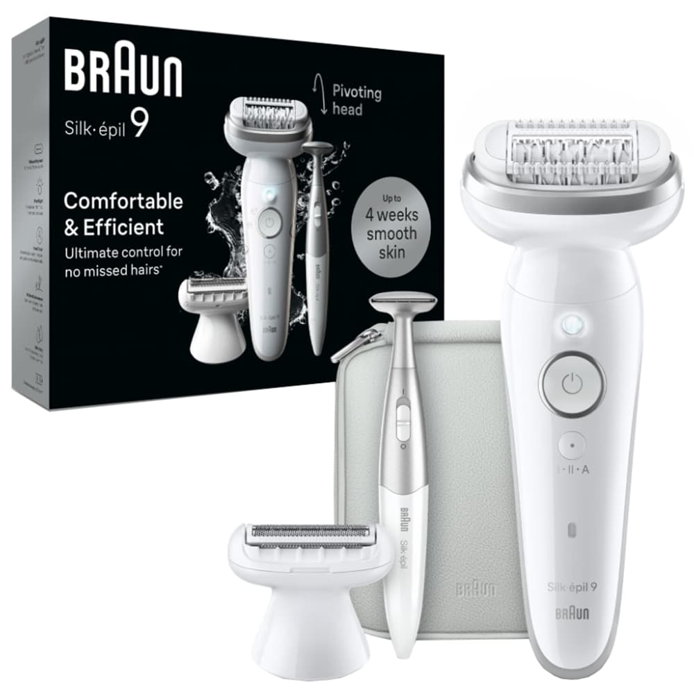 Epilator BRAUN Silk-epil 9 SES9-241, 40 pensete, 2 viteze, 10 accesorii, SmartLight, MicroGrip, Wet&Dry, acumulator, alb-argintiu
