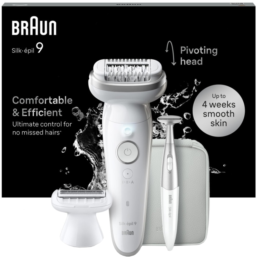 Epilator BRAUN Silk-epil 9 SES9-241, 40 pensete, 2 viteze, 10 accesorii, SmartLight, MicroGrip, Wet&Dry, acumulator, alb-argintiu