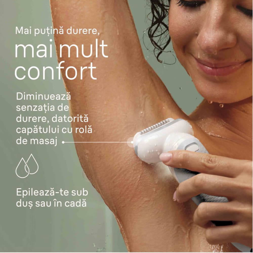Epilator BRAUN Silk-epil 9 SES9-241, 40 pensete, 2 viteze, 10 accesorii, SmartLight, MicroGrip, Wet&Dry, acumulator, alb-argintiu
