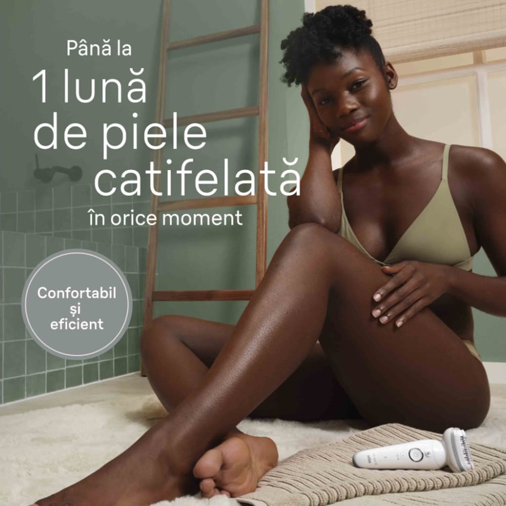 Epilator BRAUN Silk-epil 9 SES9-341, 40 pensete, 2 viteze, 5 accesorii, SmartLight, MicroGrip, Wet&Dry, acumulator, alb-argintiu