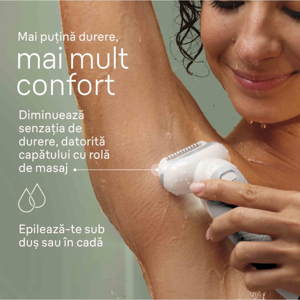 Epilator BRAUN Silk-epil 9 SES9-341, 40 pensete, 2 viteze, 5 accesorii, SmartLight, MicroGrip, Wet&Dry, acumulator, alb-argintiu
