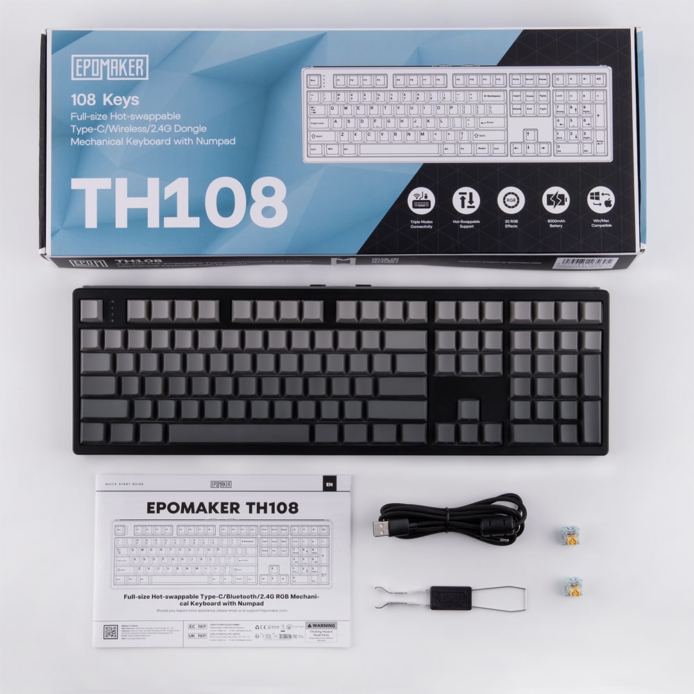 Tastatura Gaming Wireless mecanica EPOMAKER TH108, Bluetooth, USB, Layout US, negru