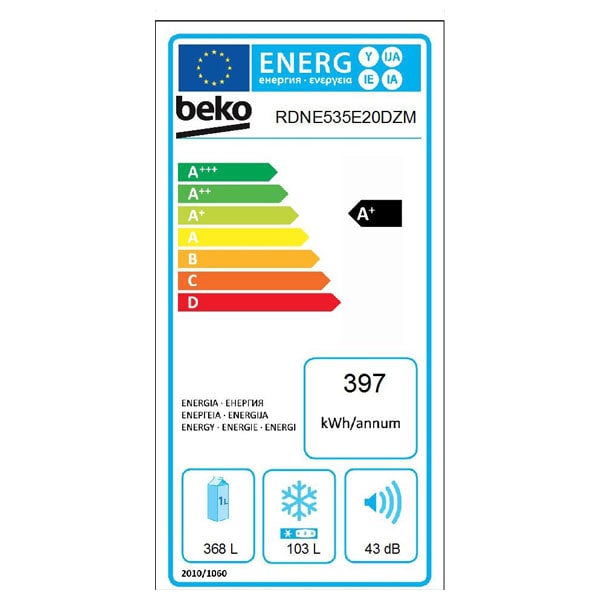 Frigider cu doua usi BEKO RDNE535E20DZM, NeoFrost, 471 l, H 193 cm, Clasa A+, Dozator apa, gri-marble