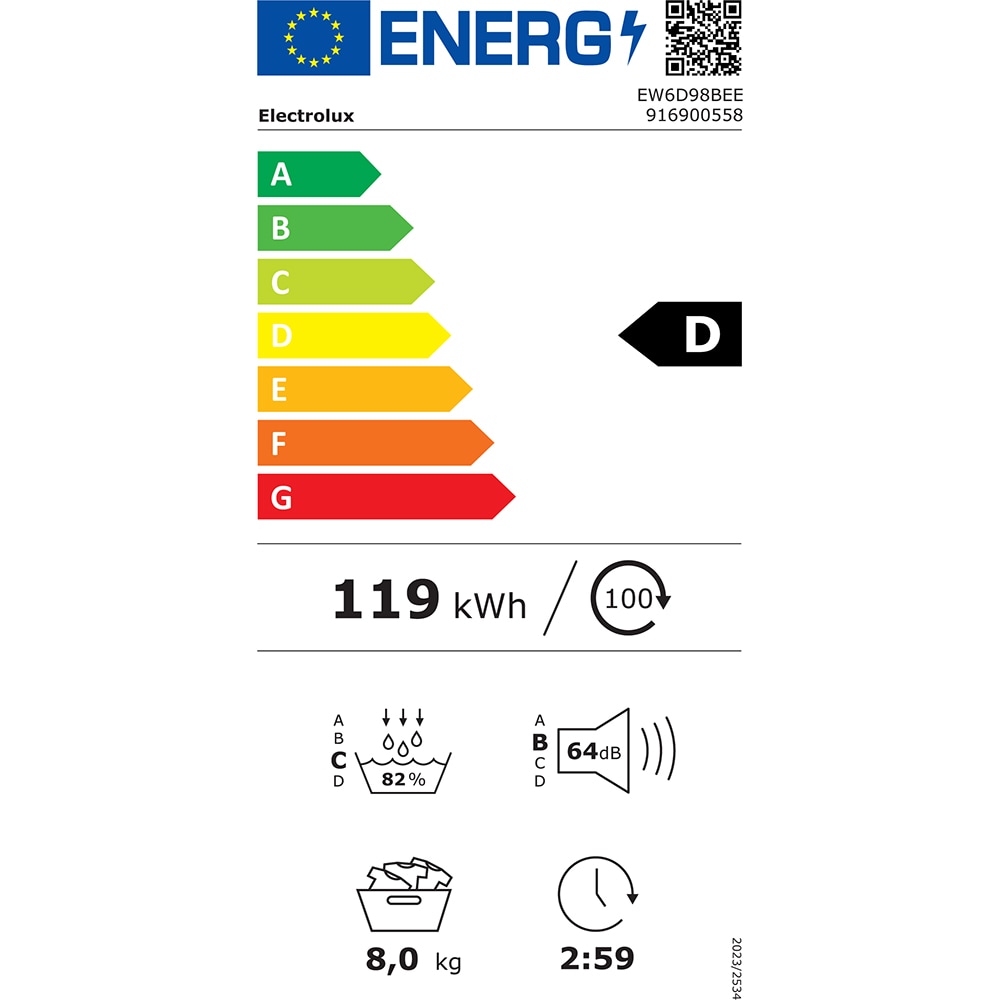 Uscator de rufe ELECTROLUX GentleCare 600 EW6D98BEE, Pompa de caldura, 8 kg, 12 programe, Clasa D, alb