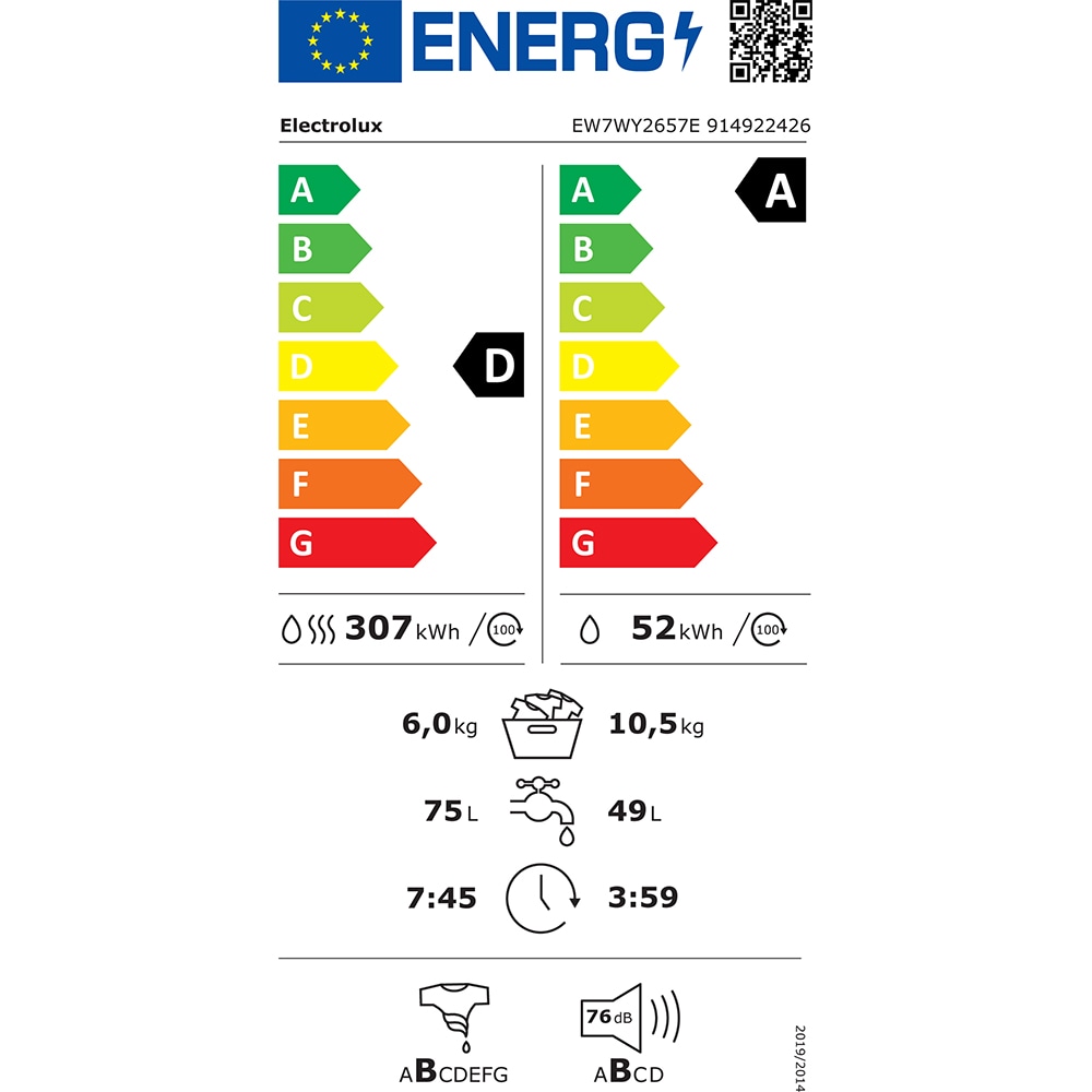 Masina de spalat rufe frontala cu uscator ELECTROLUX EW7WY2657E, 10.5/6 kg, 1600rpm, Clasa A/D, alb