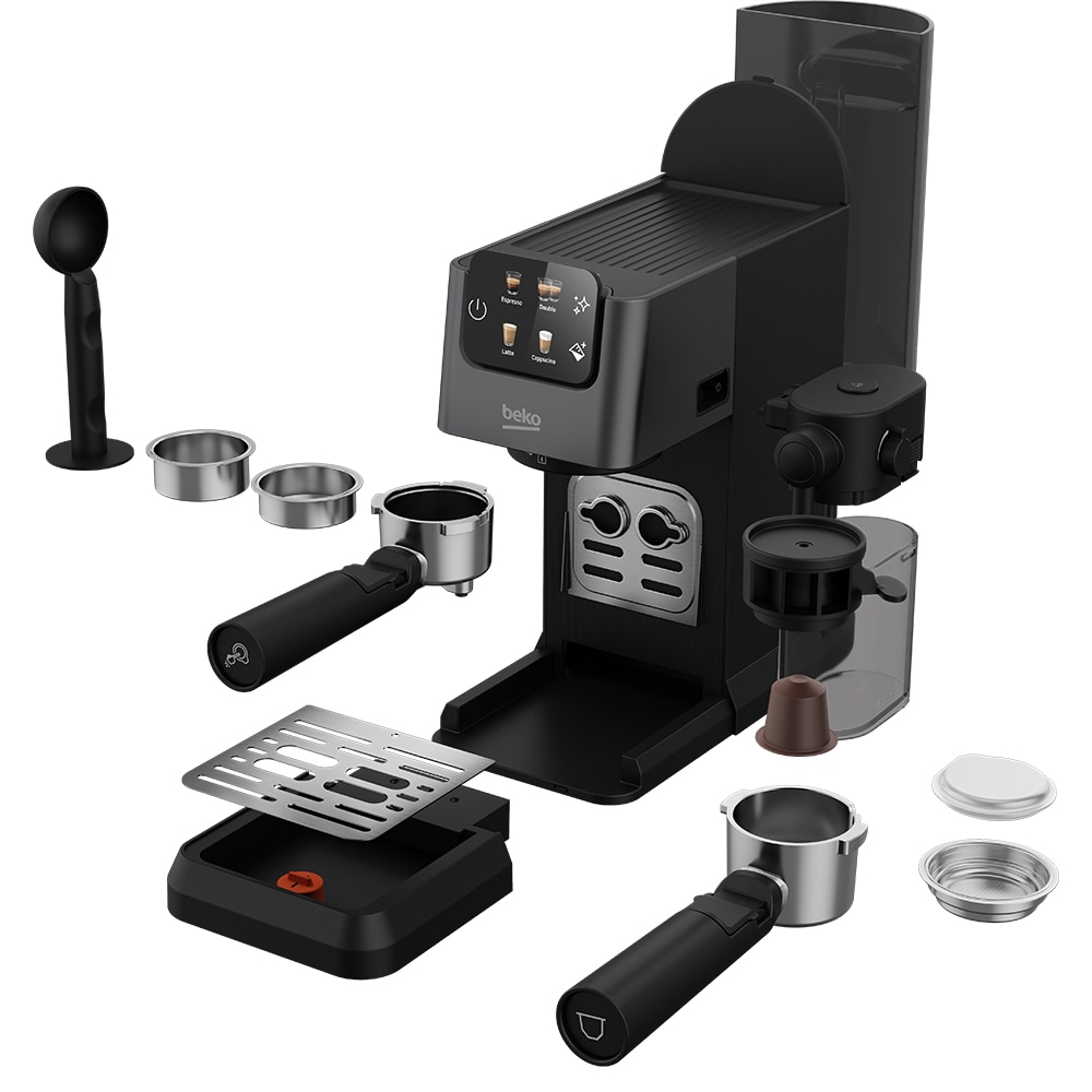 Espressor manual 3in1 BEKO CEP5464DX, 1.1l, 1600W, 20 bar, sistem Cappuccino, negru