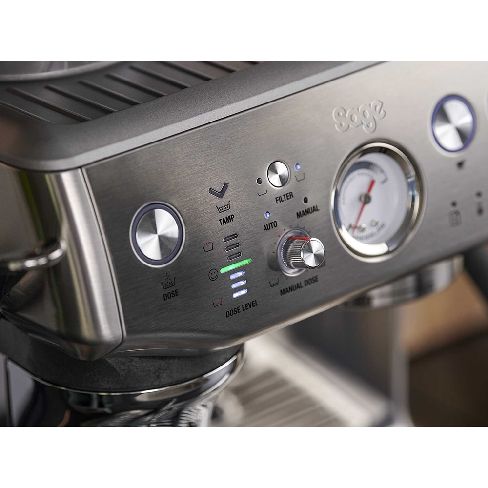 Espressor manual SAGE Barista Impress SES876BST, 2l, 1850W, 15 bar, sistem termic Thermocoil, gri inchis-negru
