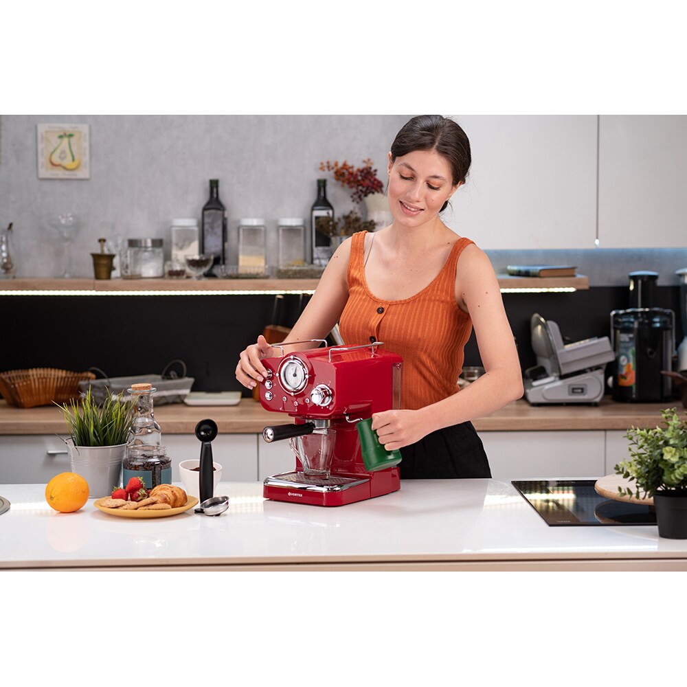 Espressor manual VORTEX VO4016, 1.25l, 1100W, 15 bar, rosu-argintiu