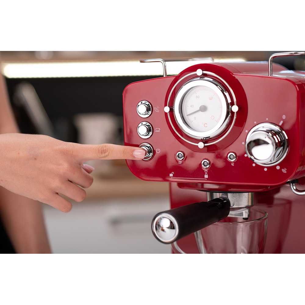 Espressor manual VORTEX VO4016, 1.25l, 1100W, 15 bar, rosu-argintiu