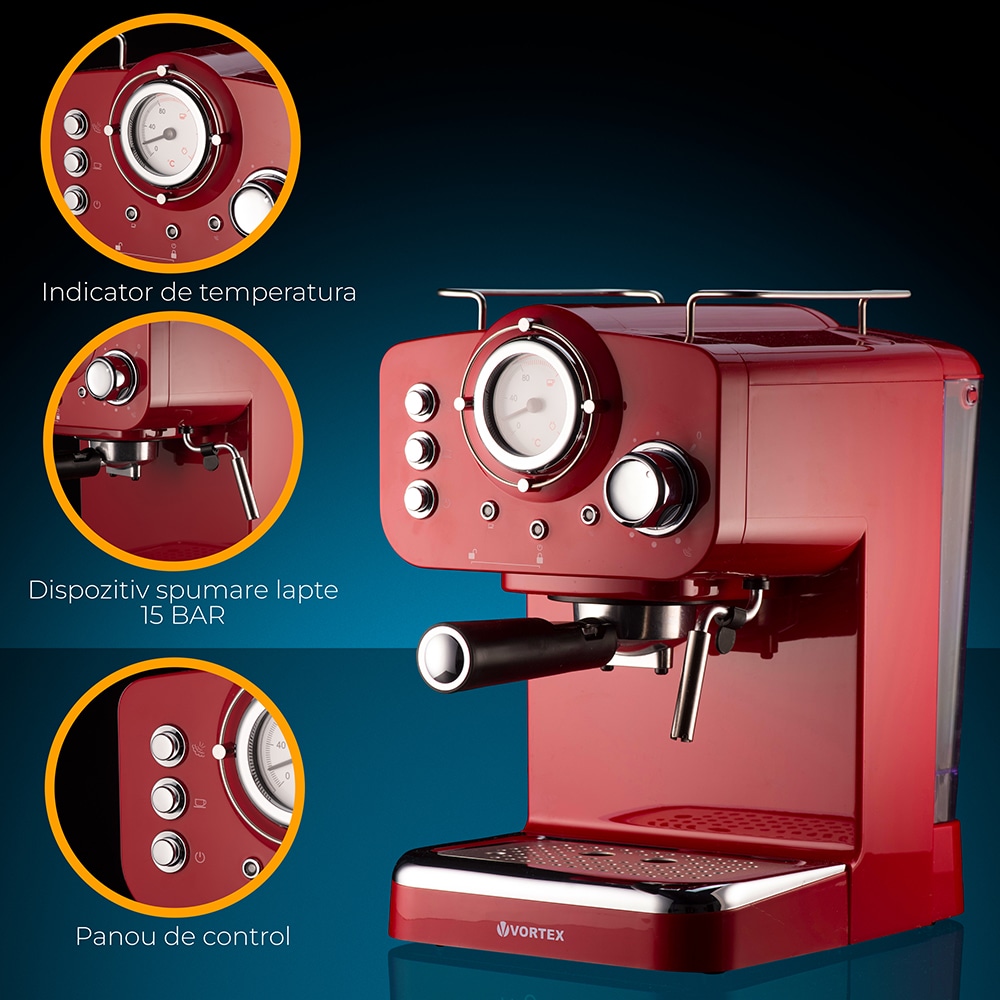 Espressor manual VORTEX VO4016, 1.25l, 1100W, 15 bar, rosu-argintiu