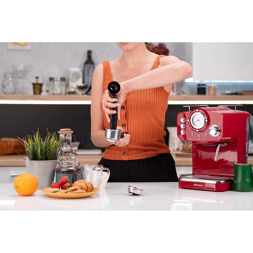 Espressor manual VORTEX VO4016, 1.25l, 1100W, 15 bar, rosu-argintiu
