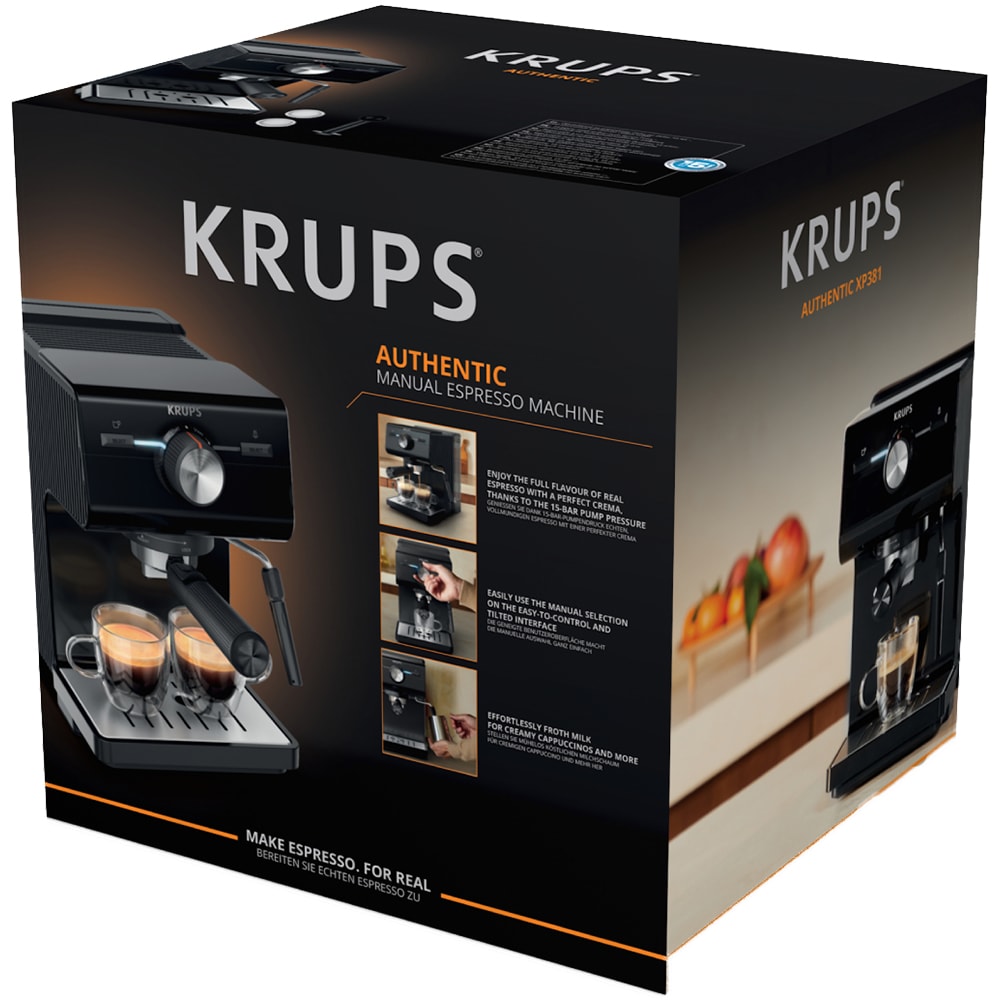 Espressor manual KRUPS Authentic XP381810, 2l, 15 bar, sistem Cappuccino, negru-argintiu