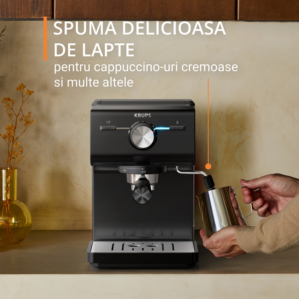 Espressor manual KRUPS Authentic XP381810, 2l, 15 bar, sistem Cappuccino, negru-argintiu