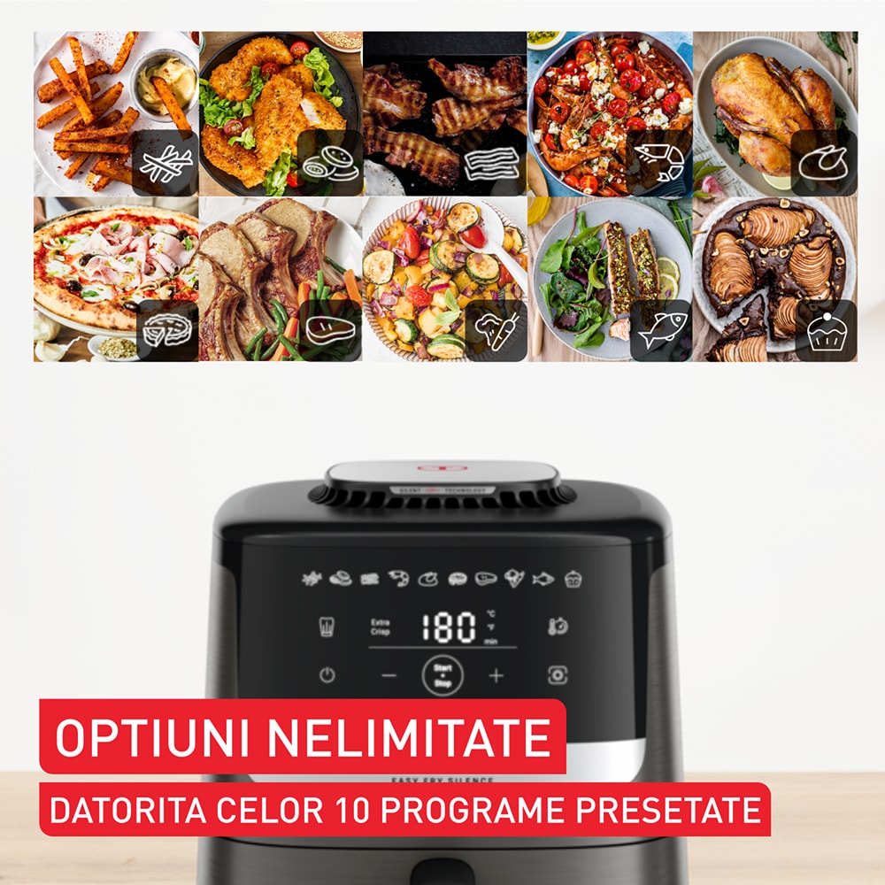 Friteuza cu aer cald TEFAL Easy Fry Silence EY551HE0, 1.5kg, 5l, 1670W, gri inchis-negru