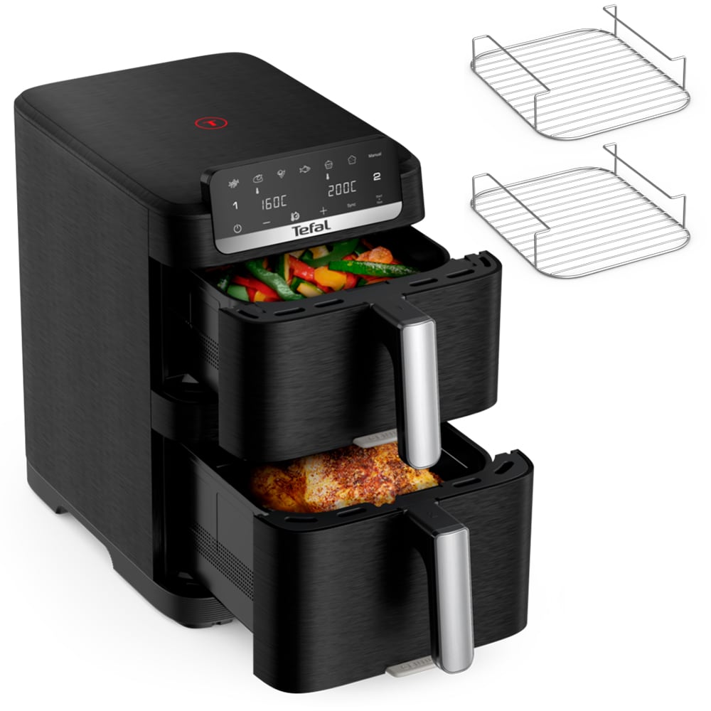 Friteuza cu aer cald dubla TEFAL Easy Fry Crispy Stack EY7568E0, 2.3kg, 10l, 2700W, negru