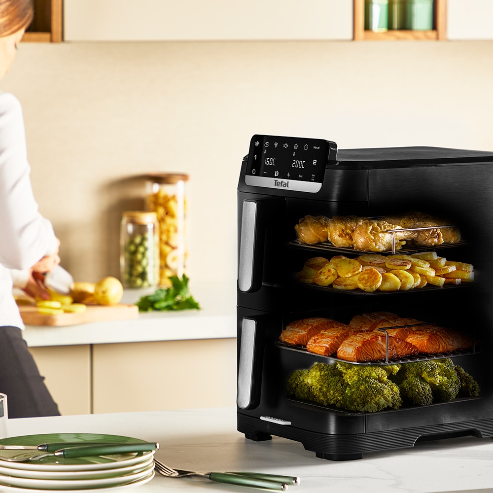 Friteuza cu aer cald dubla TEFAL Easy Fry Crispy Stack EY7568E0, 2.3kg, 10l, 2700W, negru