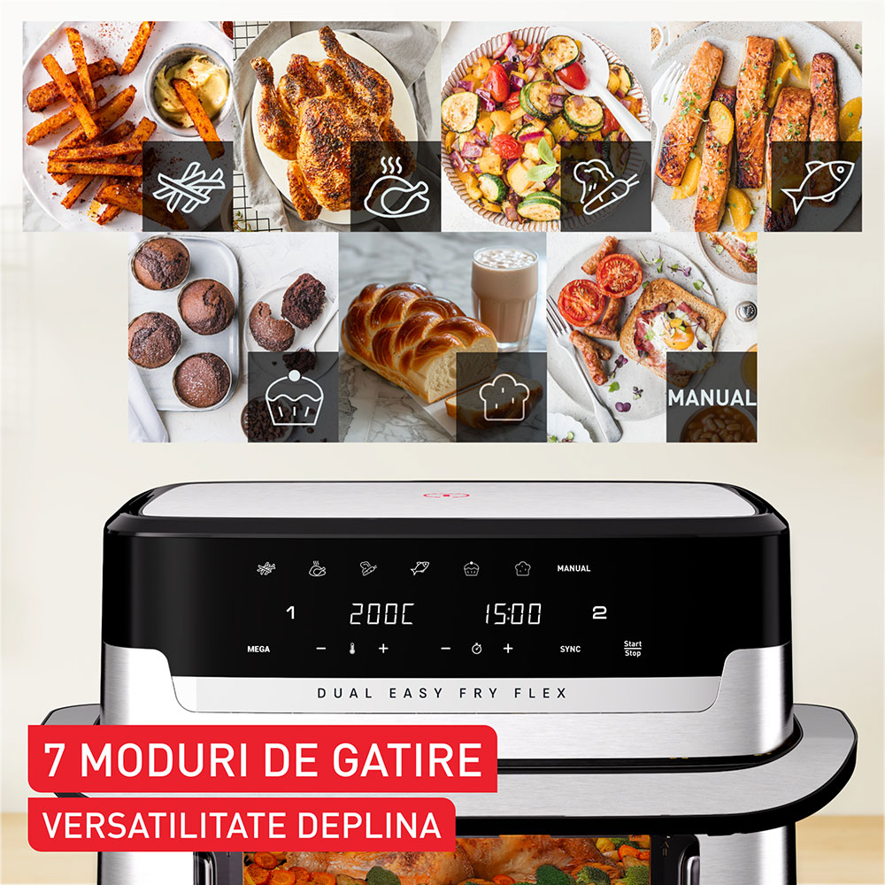 Friteuza cu aer cald TEFAL Dual Easy Fry Flex EY922DE0, 2.5kg, 9l,  2700W, argintiu-negru
