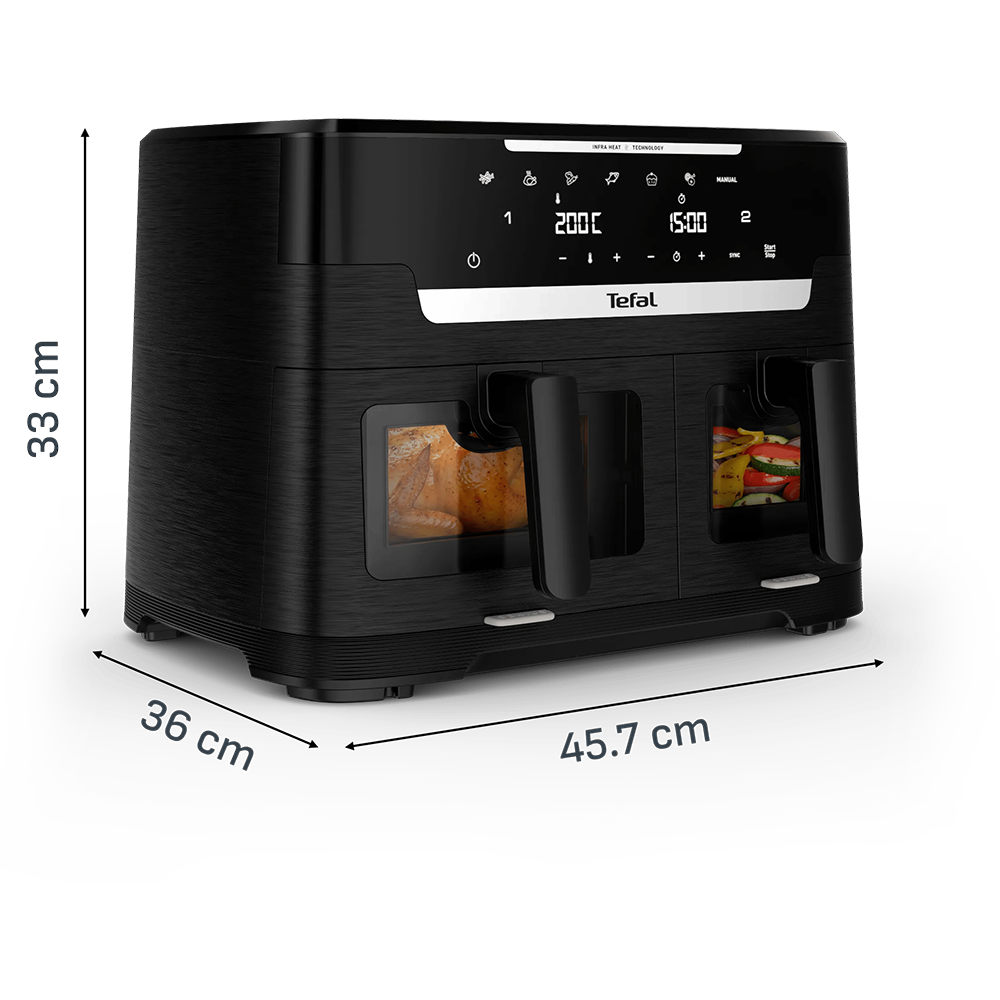 Friteuza cu aer cald dubla TEFAL Ever Fry XXL Dual EY9478E0, 11l, 2kg, 2700W, negru