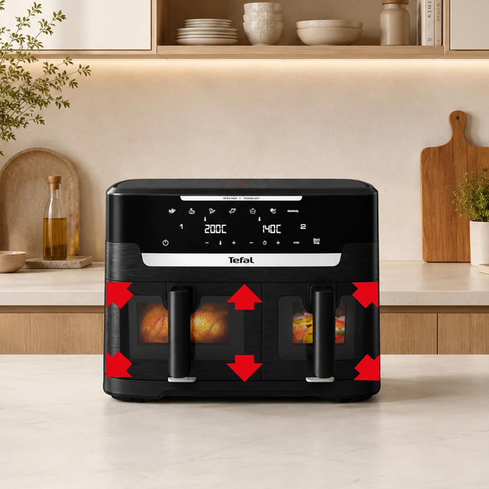 Friteuza cu aer cald dubla TEFAL Ever Fry XXL Dual EY9478E0, 11l, 2kg, 2700W, negru