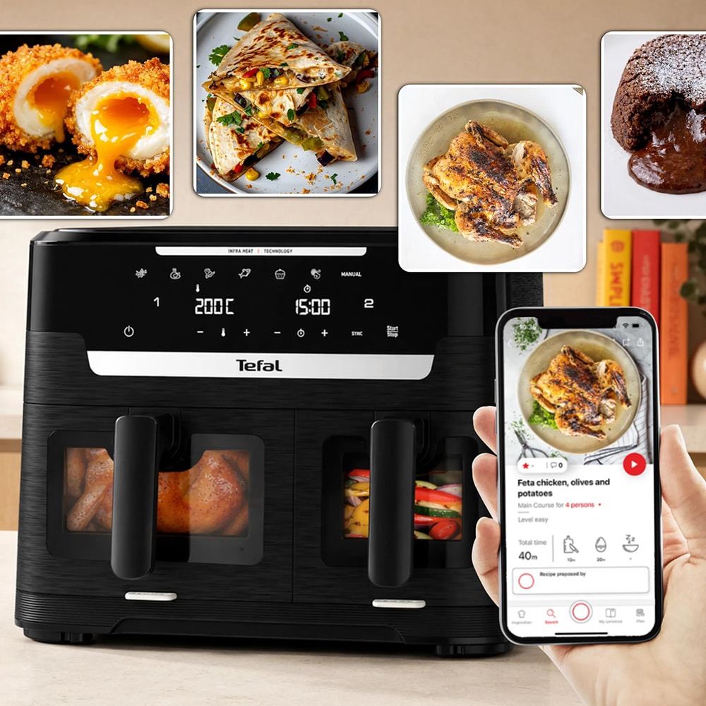 Friteuza cu aer cald dubla TEFAL Ever Fry XXL Dual EY9478E0, 11l, 2kg, 2700W, negru