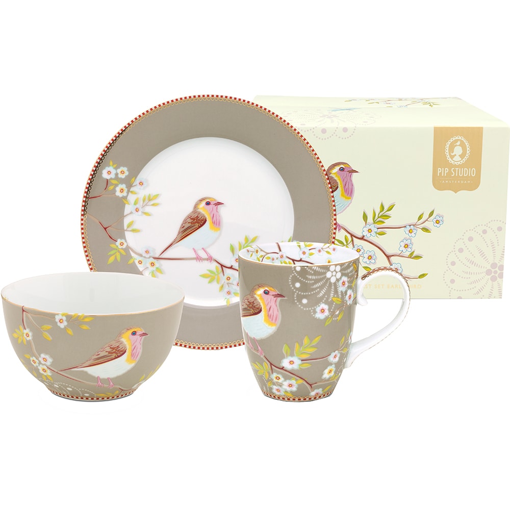 Set de masa PIP STUDIO Khaki Earlybird GDPIP1020107, 3 piese, portelan