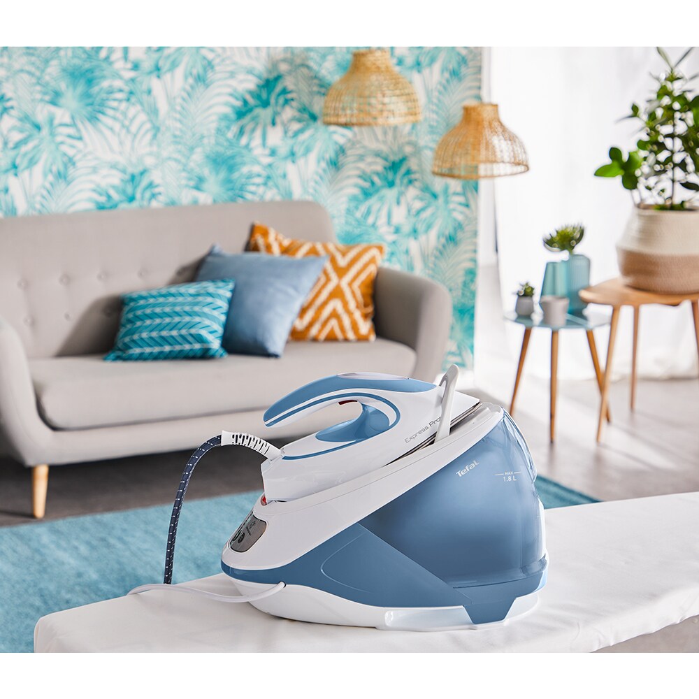 Statie de calcat TEFAL Express Protect SV9202E0, 2800W, 520g/min, 1800ml, talpa Durilium, alb-bleu