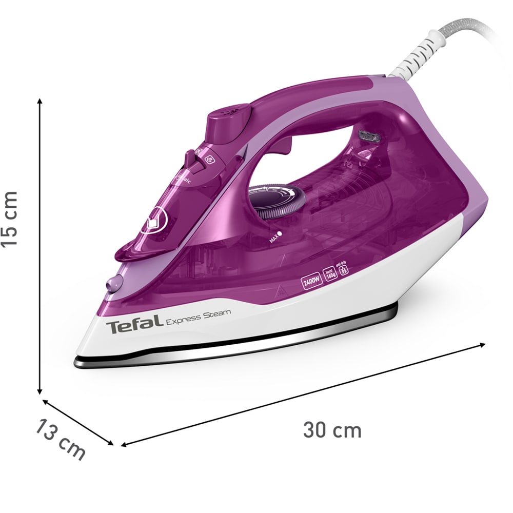 Fier de calcat TEFAL Express Steam FV2836, 2400W, 165g/min, 270ml, talpa ceramica, mov-alb