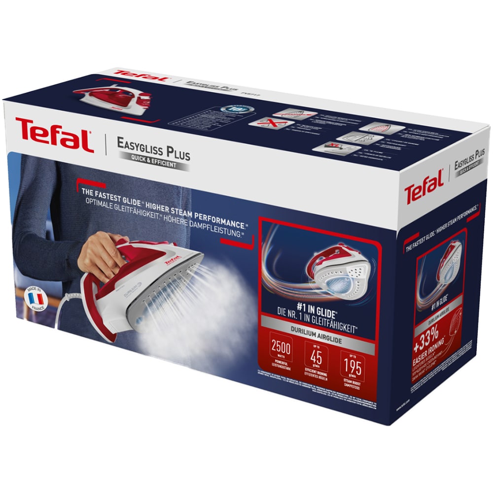 Fier de calcat TEFAL EasyGliss Plus FV5717E0, 2500W, 195g/min, 270ml, talpa Durilium AirGlide, alb-rosu