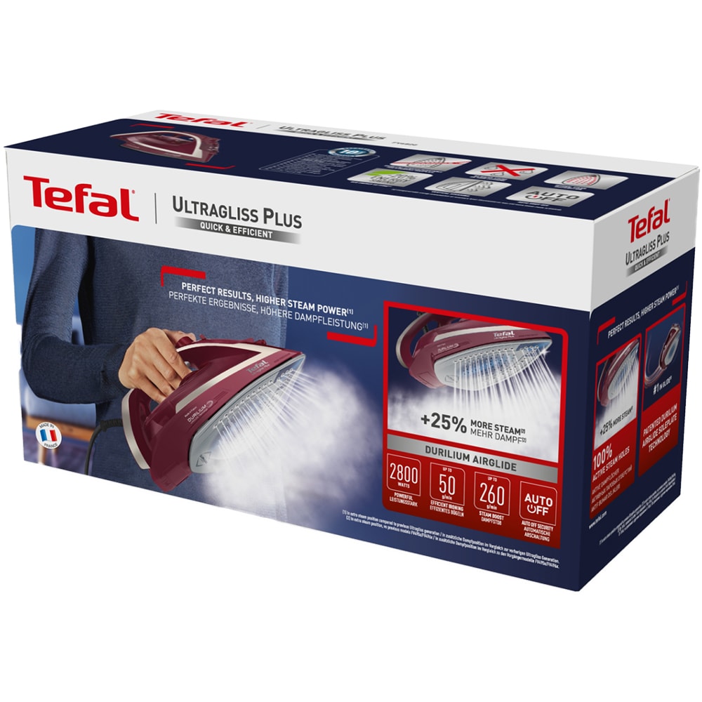 Fier de calcat TEFAL UltraGliss Plus FV6820E0, 2800W, 260g/min, 270ml, talpa Durilium AirGlide, visiniu-alb