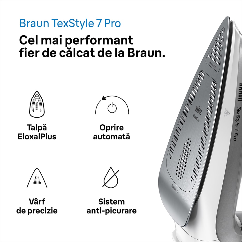 Fier de calcat BRAUN TexStyle 7 SI7149WB, 2900W, 220g/min, 300ml, talpa Eloxal Plus, alb-gri