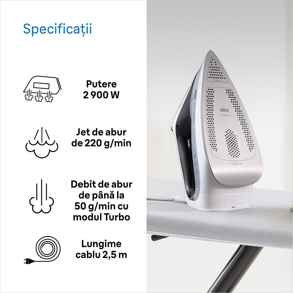 Fier de calcat BRAUN TexStyle 7 SI7149WB, 2900W, 220g/min, 300ml, talpa Eloxal Plus, alb-gri