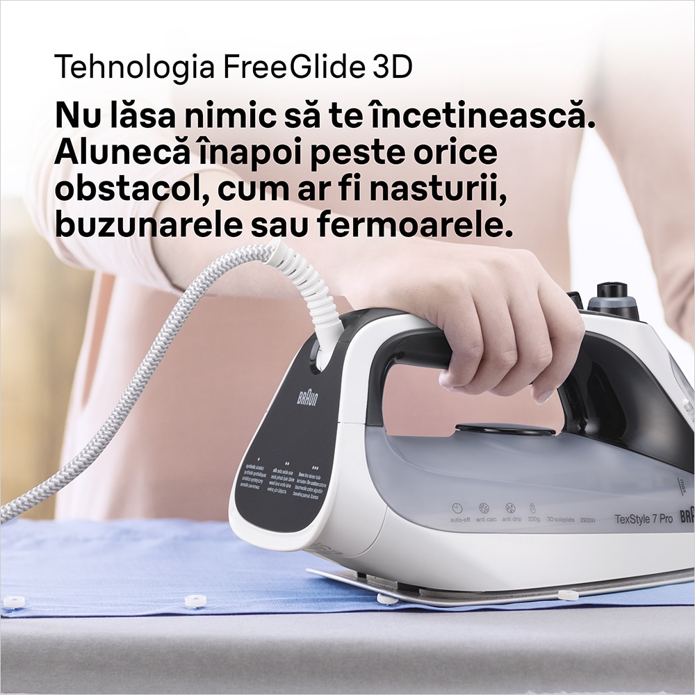 Fier de calcat BRAUN TexStyle 7 SI7149WB, 2900W, 220g/min, 300ml, talpa Eloxal Plus, alb-gri