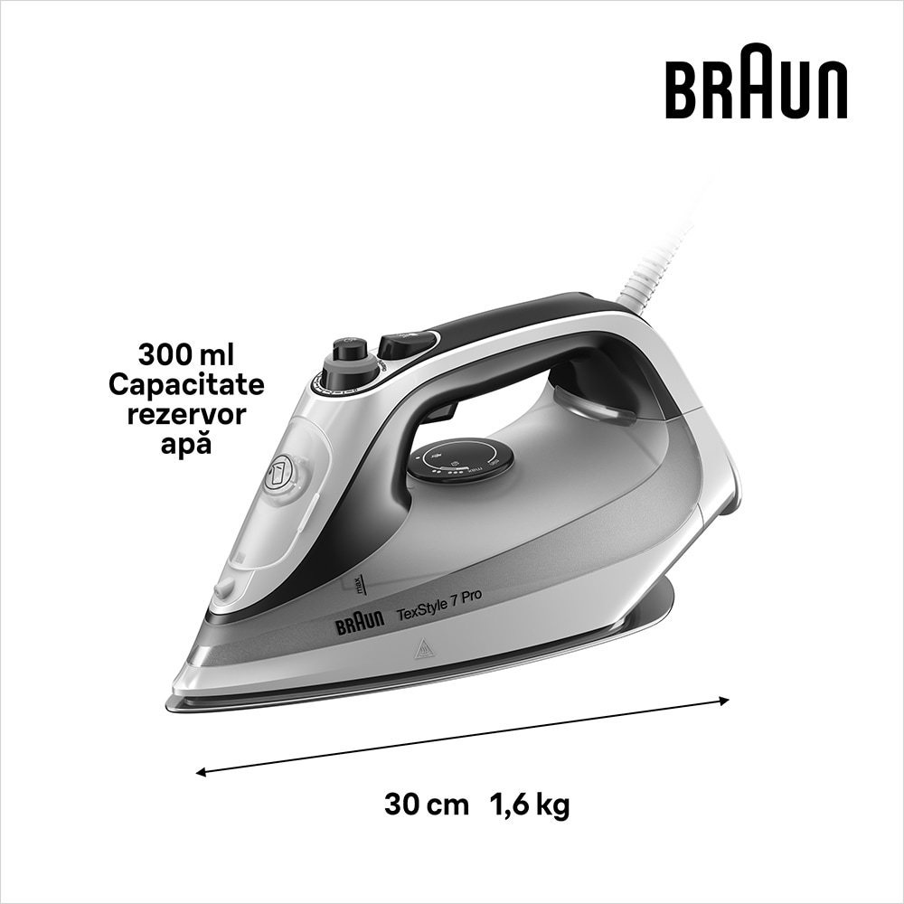 Fier de calcat BRAUN TexStyle 7 SI7149WB, 2900W, 220g/min, 300ml, talpa Eloxal Plus, alb-gri