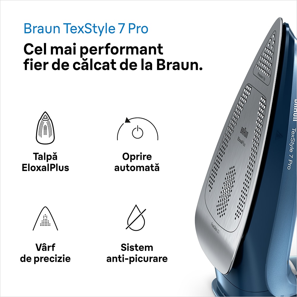Fier de calcat BRAUN TexStyle 7 SI7160BL, 3000W, 225g/min, 300ml, talpa Eloxal Plus, albastru-negru