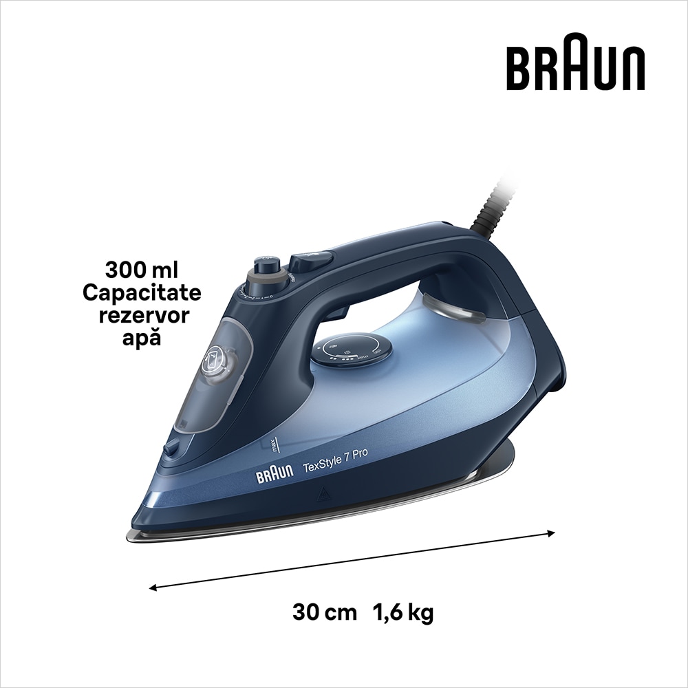 Fier de calcat BRAUN TexStyle 7 SI7160BL, 3000W, 225g/min, 300ml, talpa Eloxal Plus, albastru-negru