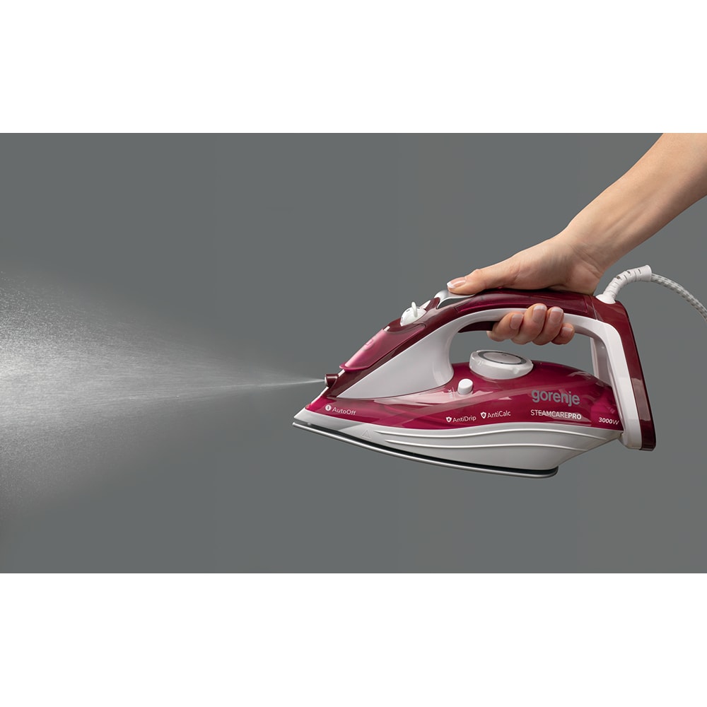 Fier de calcat GORENJE SIH3000RBC, 3000W, 105g/min, 350ml, talpa ceramica, visiniu-alb