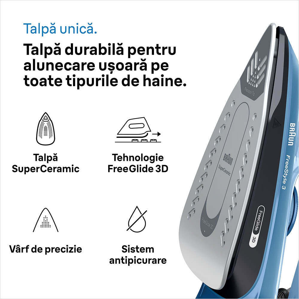 Fier de calcat BRAUN FreeStyle 3 FI3194BK, 2400W, 200g/min, 270ml, talpa SuperCeramic, albastru-negru
