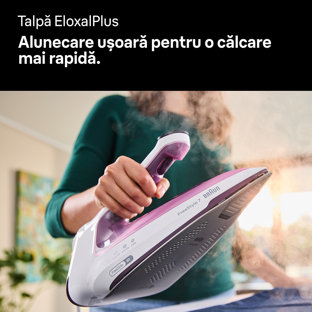 Fier de calcat BRAUN FreeStyle 7 FI7215VI, 2000W, 230g/min, 350ml, talpa EloxalPlus, alb-violet