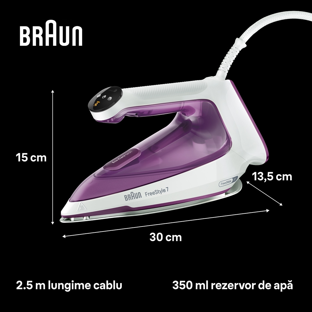 Fier de calcat BRAUN FreeStyle 7 FI7215VI, 2000W, 230g/min, 350ml, talpa EloxalPlus, alb-violet