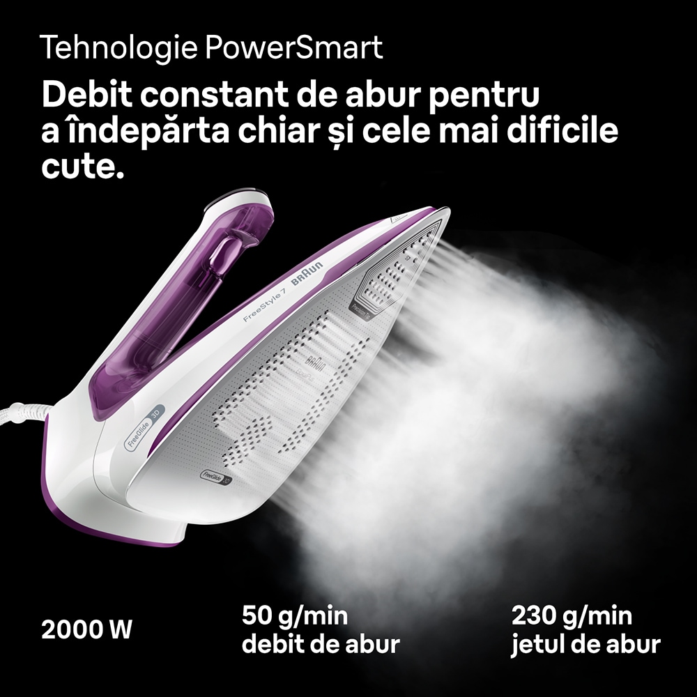 Fier de calcat BRAUN FreeStyle 7 FI7215VI, 2000W, 230g/min, 350ml, talpa EloxalPlus, alb-violet