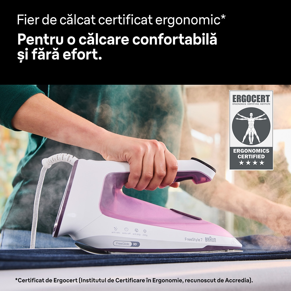 Fier de calcat BRAUN FreeStyle 7 FI7215VI, 2000W, 230g/min, 350ml, talpa EloxalPlus, alb-violet