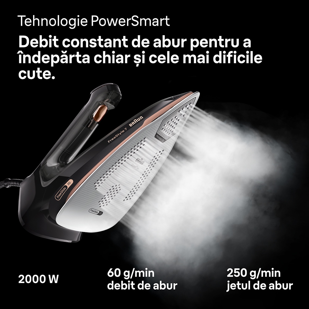 Fier de calcat BRAUN FreeStyle 7 FI7276BK, 2000W, 250g/min, 350ml, talpa EloxalPlus, negru