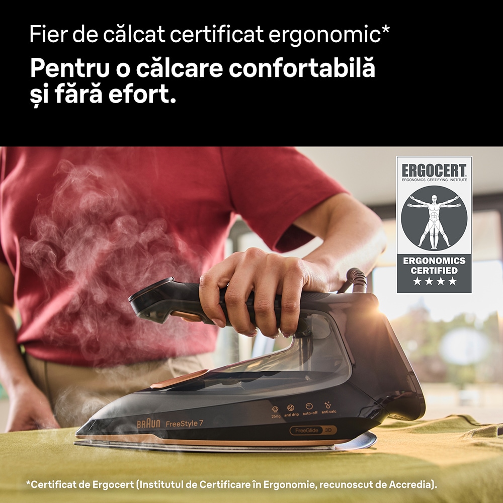Fier de calcat BRAUN FreeStyle 7 FI7276BK, 2000W, 250g/min, 350ml, talpa EloxalPlus, negru
