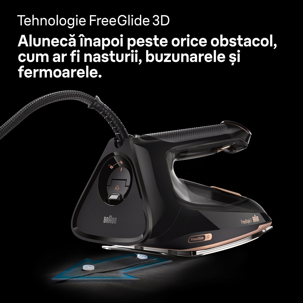 Fier de calcat BRAUN FreeStyle 7 FI7276BK, 2000W, 250g/min, 350ml, talpa EloxalPlus, negru