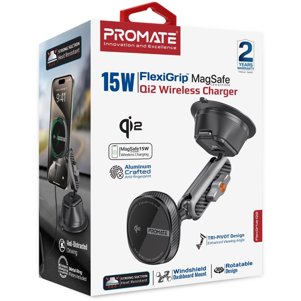 Incarcator wireless auto PROMATE FLEXDRIVE-QI2, 15W, MagSafe, negru