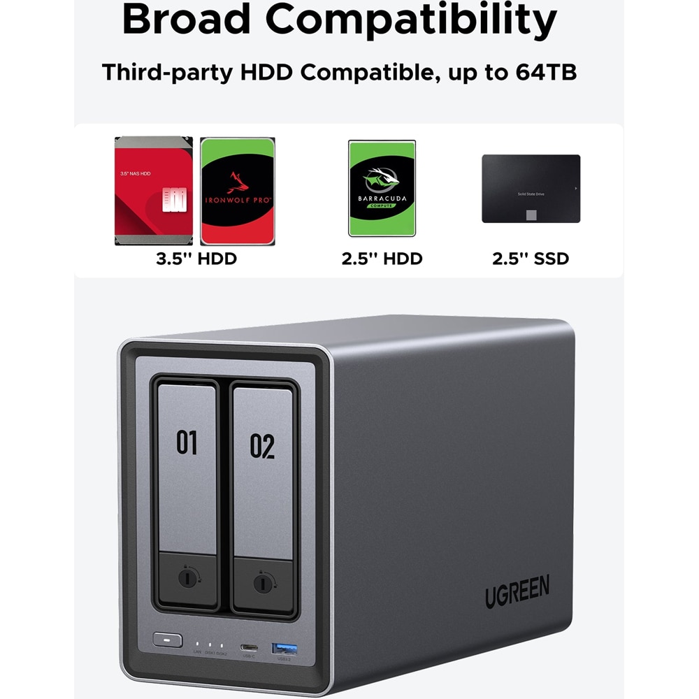 Network Attached Storage UGREEN DXP2800, 3.4GHz, 8GB, 2-Bays, negru