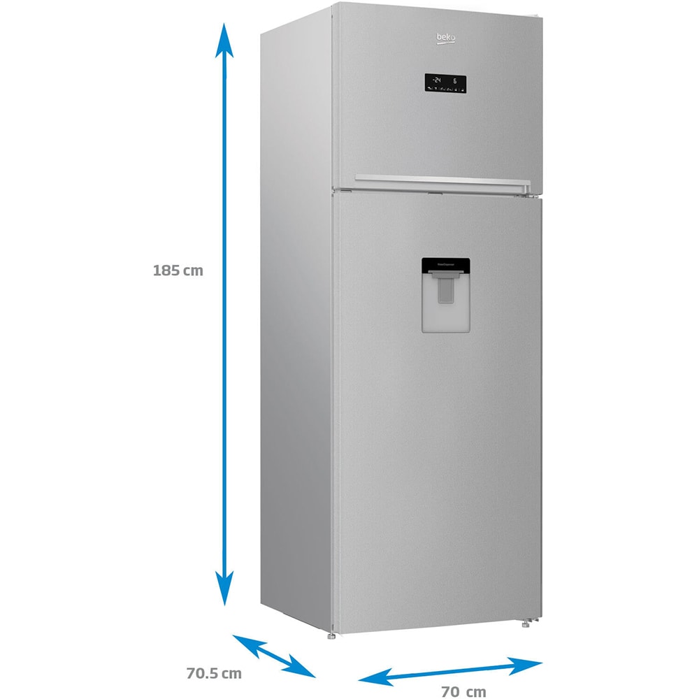 Frigider cu doua usi BEKO RDNE505E30DZMN, 446 l, H 185, Clasa F, dozator apa, gri lucios